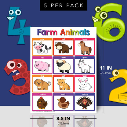 Educational Charts for Preschool to Grade 1 – Bright and Colorful Educational Visual / Learning Aid Wall Art Posters for Classroom | Glossy Durable Cardstock | 8.5" x 11" | 5 per Pack (Farm Animals)