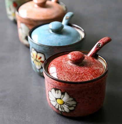 Ceramic Retro Flower Sugar Bowl Seasoning Pot with Lid And Spoon