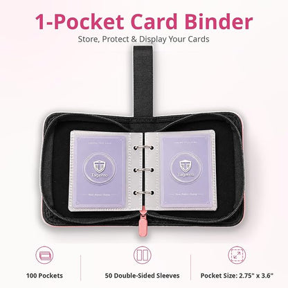 1 Pocket Card Binder with Zipper, 100 Pockets Mini Trading Card Album, Premium PU Leather Single Card Binder, Small Display Folder for TCG & Sports Cards