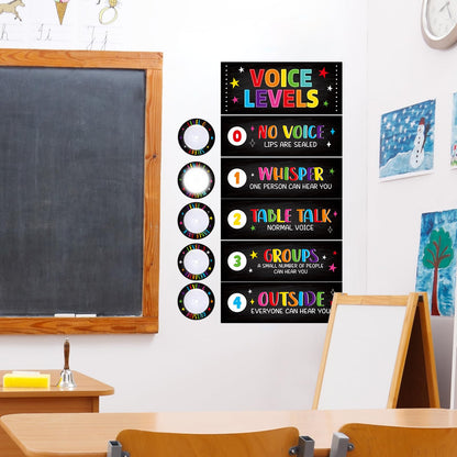 5 Pcs School Push Light and Voice Level Poster Voice Level Chart Monitor Rules Sign LED Tap Light Classroom Rules Poster Noise Chart Classroom Management Tools for Teachers（Colorful chalkboard Style）