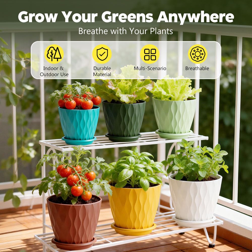 KEETUMOOD Plant Pots, Self Watering Planters with Drainage Holes and Trays, Flower Pots for Indoor Outdoor - 6 Pack(4/5/6/6.5/7/8 Inch) (Colorful)