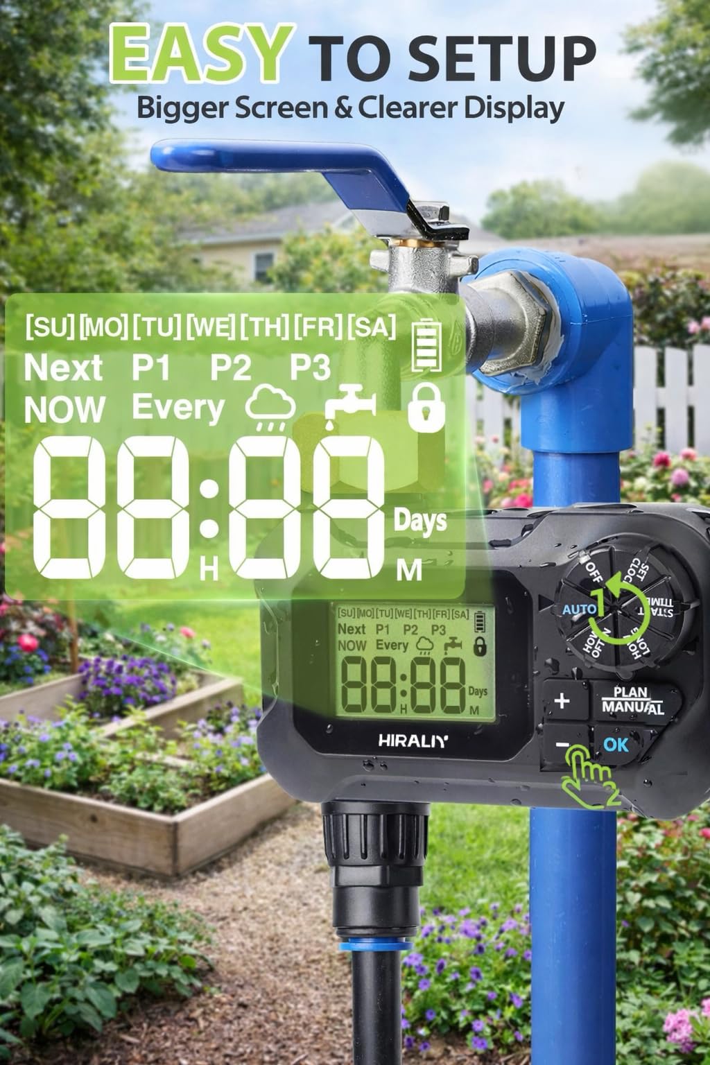 HIRALIY 100FT Automatic Drip Irrigation Kits with Garden Timer, Garden Watering System for Patio Lawn, Quick Connector Design Irrigation System Kit with Easy Programmable Water Timer