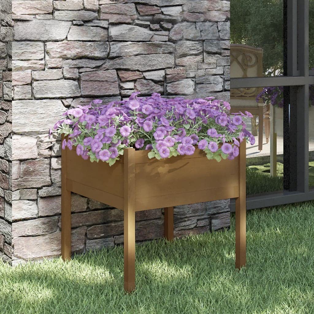 KTHLBRH Honey Brown Rustic Square Garden Planter, Solid Pine Wood Outdoor Planter Box for Flowers Herbs Vegetables, Weather-Resistant Spacious Raised Bed Planter