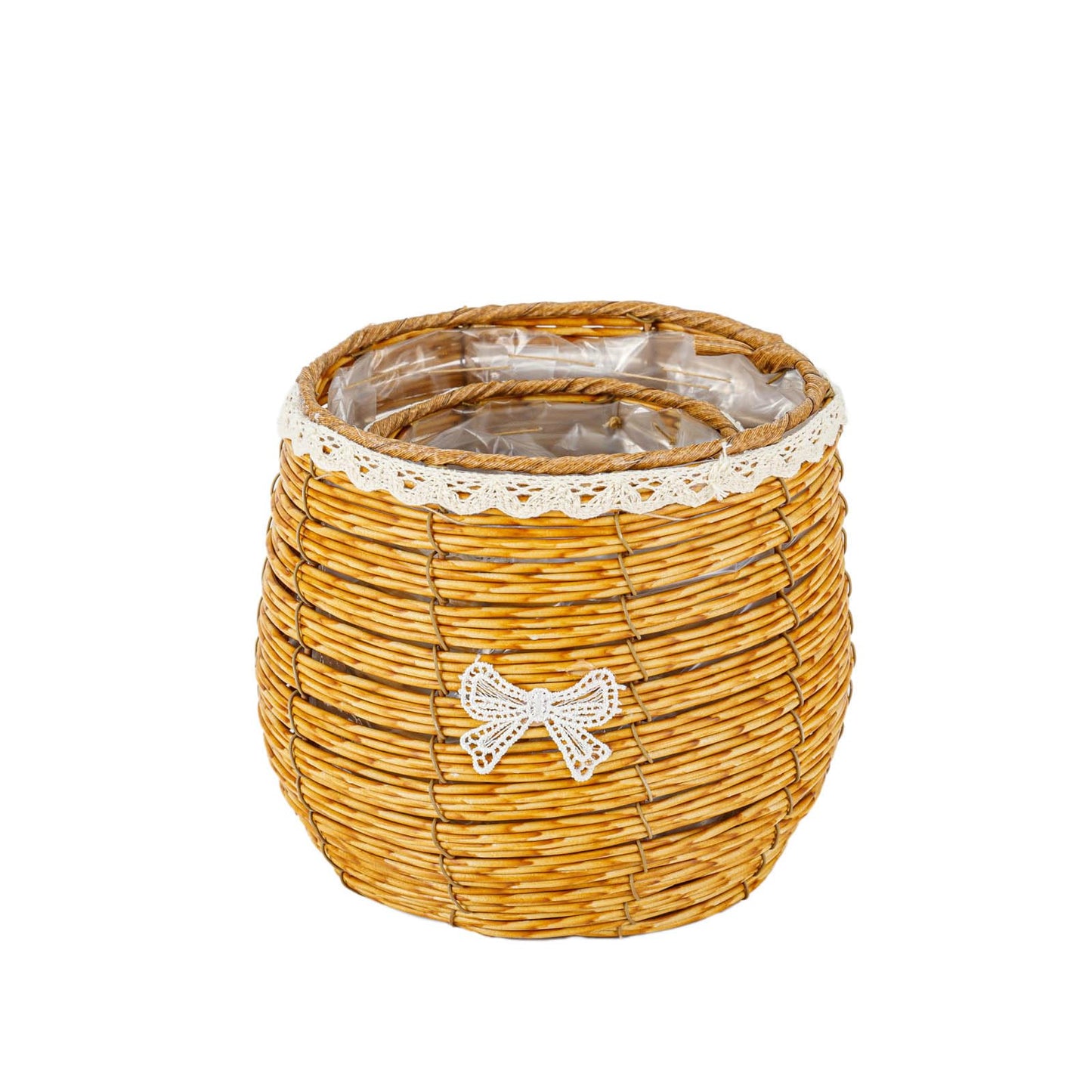THY COLLECTIBLES Set of 2 Woven Wicker Planter Baskets with Plastic Lining and Bow Accent, Multipurpose Storage for Plants Indoor or Outdoor, Flowers, Toys Rustic Farmhouse Containers (Natural)