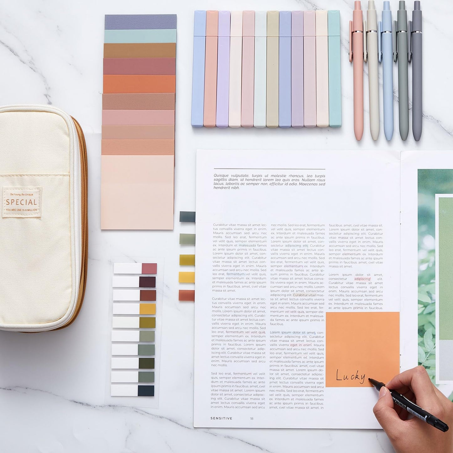 Jutom 39 Pcs Aesthetic Book Annotation Kit Highlighter with Case Bag Gel Pen Transparent Sticky Note Taking Bible Supplies(Khaki,Cute Style)