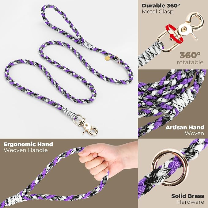 Tirevt Hand-Woven Dog Collar and Leash Set:Color-Block Design, Premium Reinforced Buckle, Adjustable Artisan Paracord for Puppies, Small, Medium & Large Dogs (Purple, XS)
