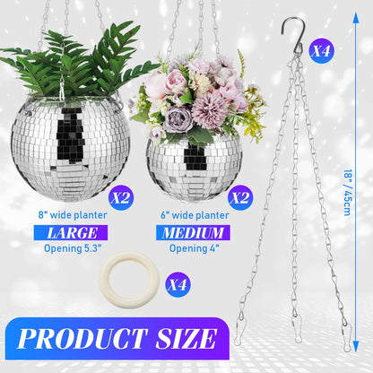 Romooa 4 Pcs 6/8 Disco Ball Planter Hanging Disco Ball Plant Hanger with Chain Hook and Ring Stand, Mirror Flower Pot for Indoor and Outdoor Plants 70s 80s Party Room Decorations, Sliver