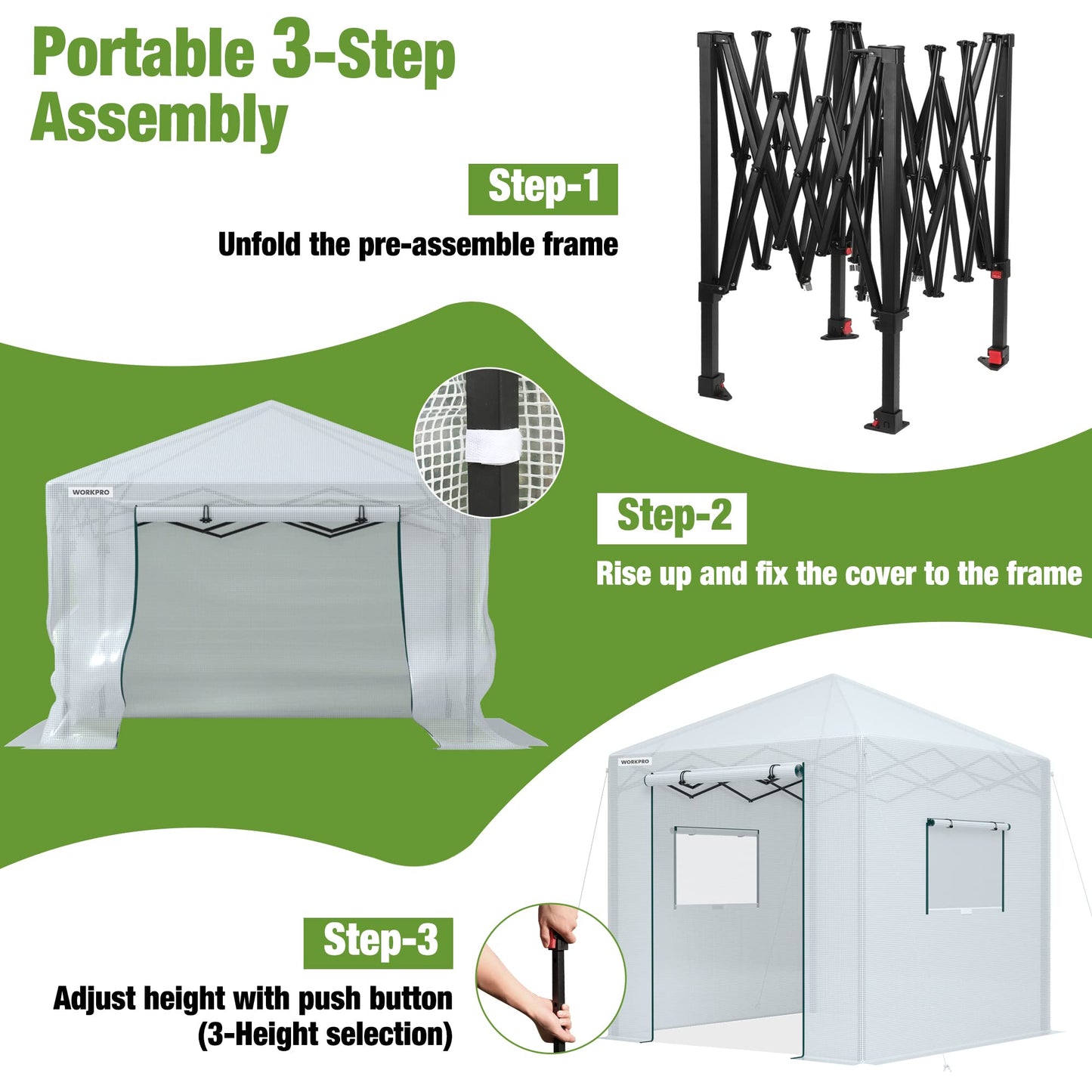 WORKPRO Greenhouse, 94”x 94”x 99” Pop-up Greenhouse for Outdoors , Heavy Duty Gardening House with Sturdy PE Cover, Roll-up Entry Doors and 2 Screen Windows, for Patio, Backyard, Balcony