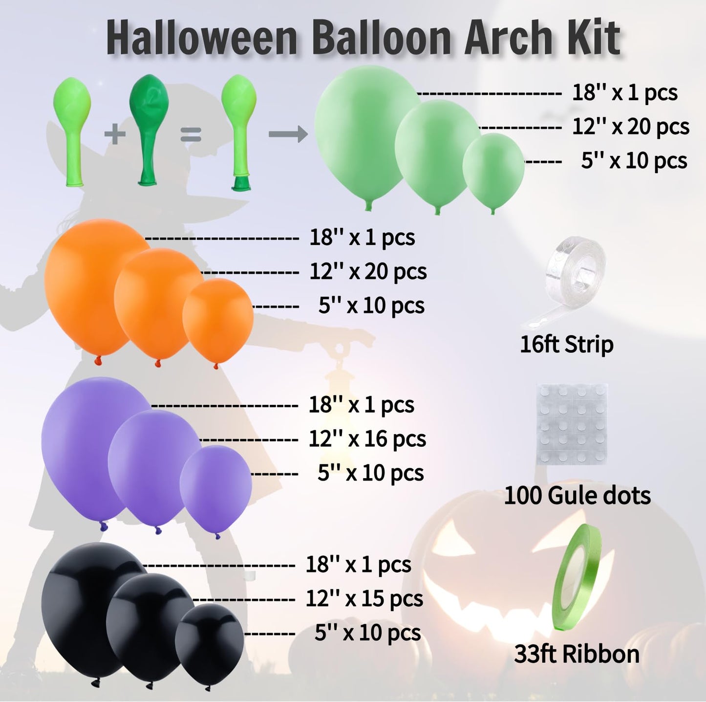 Halloween Balloon Arch Kit – 146pcs Orange Black Green Purple Balloons Garland for Halloween Decorations, Party Backdrop, Birthday Celebration, Spooky Haunted House, Trick or Treat Party Supplies