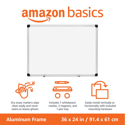 Amazon Basics Magnetic Dry Erase Whiteboard, 36"W x 24"H, Aluminum Frame, Silver/White, Easy to Install and Clean