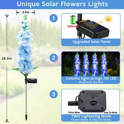 MRHEPHAESTUS Solar Garden Lights, Solar Blue Delphinium Flowers Lights 4 Pack 80 LEDs, Waterproof Outdoor Light Two Lighting Modes for Outside Wedding Party Garden Yard Patio Lawn Decor