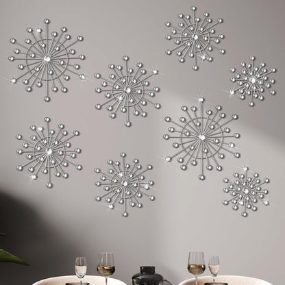 MorningRo 8 Pcs Metal Wall Decor Bling Crystal Wall Art Cast Iron Rhinestones Sunburst Decor Starburst Art Hanging Diamond Accents Home Decorative for Living Room Bedroom Entryway