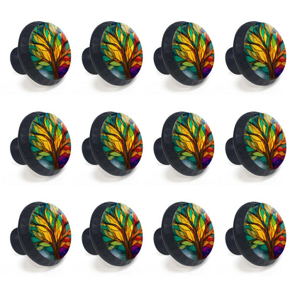 Artinhand 12 Pack Stained Glass Tree of Life Cabinet Knobs Round Drawer Pulls Colorful Tree Knob Cupboard Door Handles Hardware for Kitchen Bathroom Cabinets