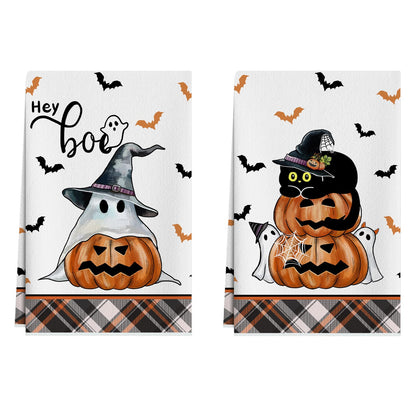 XCHI Halloween Boo Spooky Ghost Cat Kitchen Towels Dish Towels 18x26 Inch Home Kitchen Decorations Hand Towels Set of 2 Drying Dishcloth