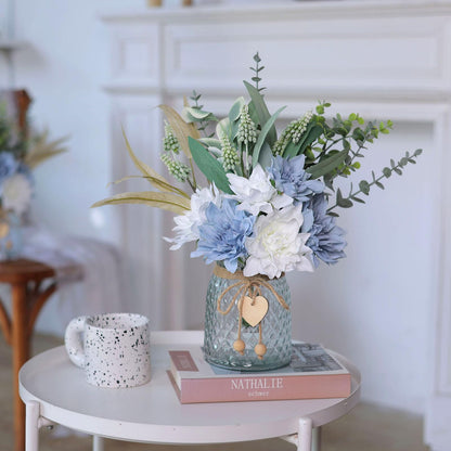 Faux Flowers with Vase,Artificial Silk Flowers in Vase, Fake Plant Eucalyptus and Willow,Flower Arrangement for Home Farmhouse Dining Table Centerpiece Decorations Coffee Table Decor (Dusty Blue)