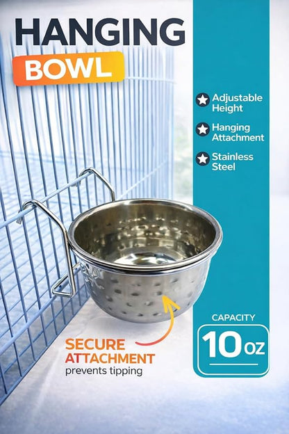 Stainless Steel Coop Cup with Hanger, None Spill Crate Water Bowl, Food Dish for Cage, Rabbit, Cats, Birds, Chicken, Reptiles. (10)