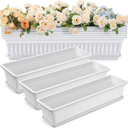 FillTouch 6 Packs 27 Inch Window Flower Box Extra Large Window Sill Herb Garden Long Rectangle Planter Plastic Boxes Outdoor with Drainage Trays for Balcony Windowsill Patio Garden
