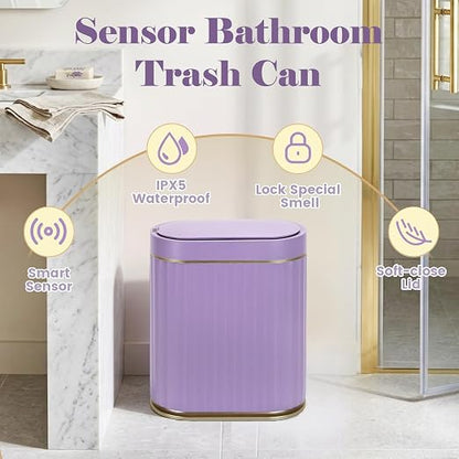 ELPHECO Bathroom Sensor Trash Can - 2 Gallon Automatic Garbage Can, IPX5 Waterproof Bathroom Trash Bin, Slim Garbage Can for Bathroom, Office, Bedroom, Living Room, Purple