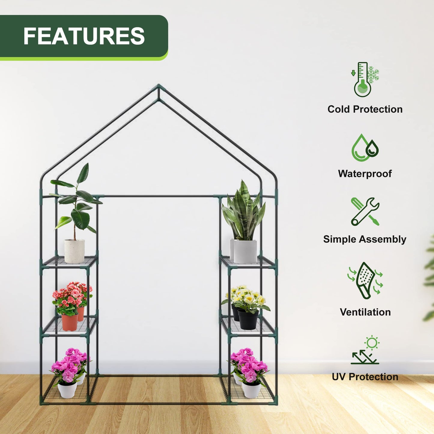 3 Tier 6 Shelves Mini Walk-in Greenhouse, 56 x 28 x 76 inch, Durable PE Cover Green House Kit with Anchors and Ropes, Outdoor Plant Gardening Hot House for Growing Vegetables, Flowers