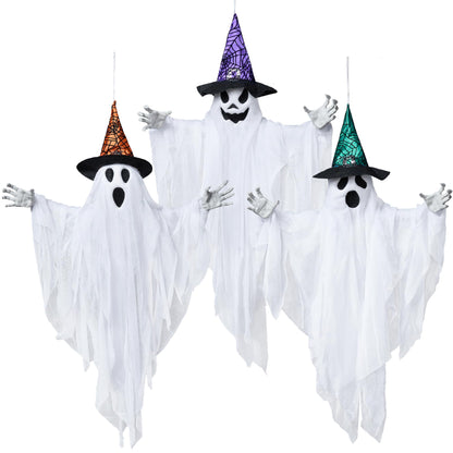 JOYIN 3 Pack 24.8" Halloween Hanging Ghost Decorations, Halloween White Flying Ghosts with Hats for Haunted House Graveyard Scene, Spooky Indoor and Outdoor Decor