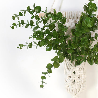 UBOSU Macrame Wall Hanging Plants with LED Lights, White Cotton Rope, Wooden Dowel, Boho Woven Plant Holders with Artificial Eucalyptus Leaves, wall Decor, Set of 2 (Green)