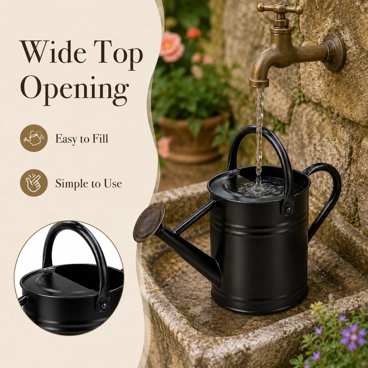 1 Gallon Metal Watering Can for Indoor Outdoor Plants, Galvanized Steel Watering Can with Removable Spout, 2 Stainless Steel Handles, Garden Flower Watering Pot