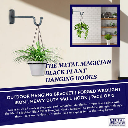 The Metal Magician 2Pc Plant Hangers Outdoor, Indoor, Wrought Iron Metal Hanger Indoor Hook, Heavy Duty Wall Bracket Hooks for Hanging Plants Baskets Lanterns Wind Chimes Black Swinging U-Shape