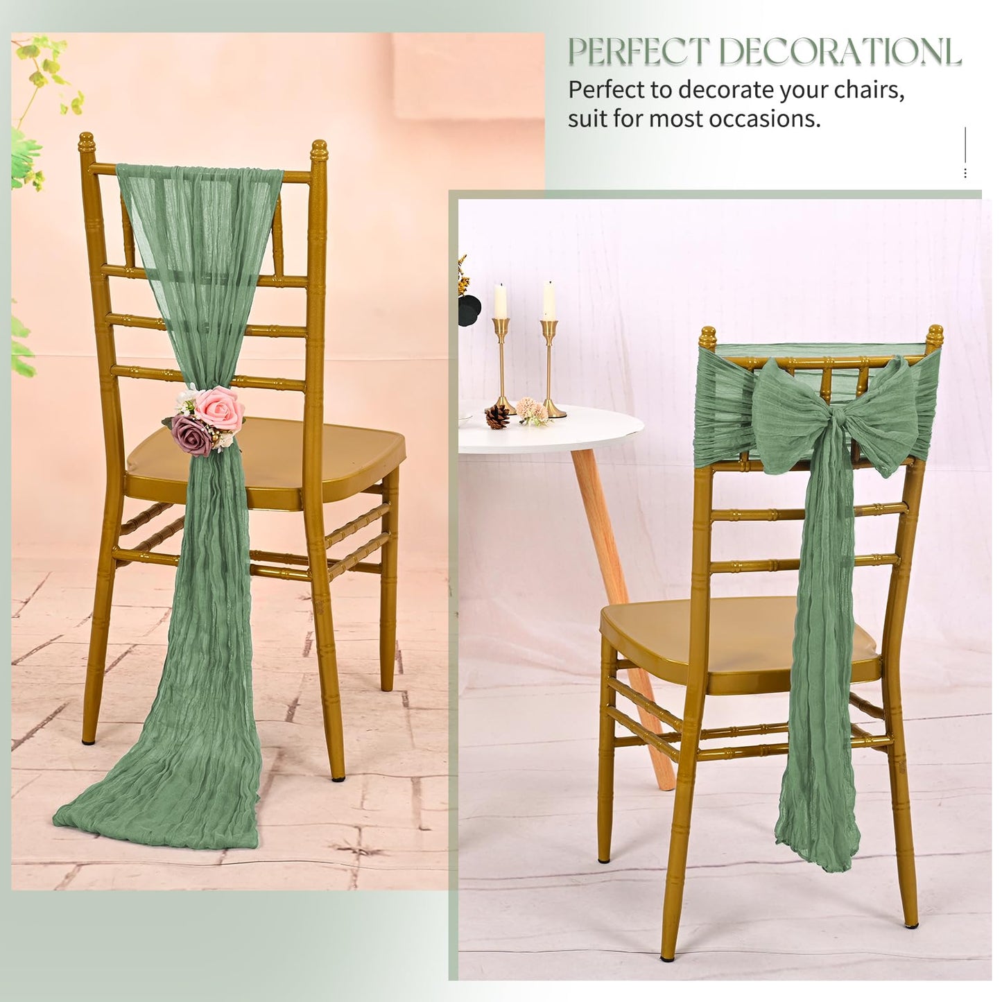 Pesonlook 30 PCS Sage Green Cheesecloth Chair Sashes 16 x 108 inch Cheesecloth Chair Sashes Rustic Chair Decorative Bows Designed Chair Cover for Wedding Banquet Party Aisle Home Kitchen Decoration