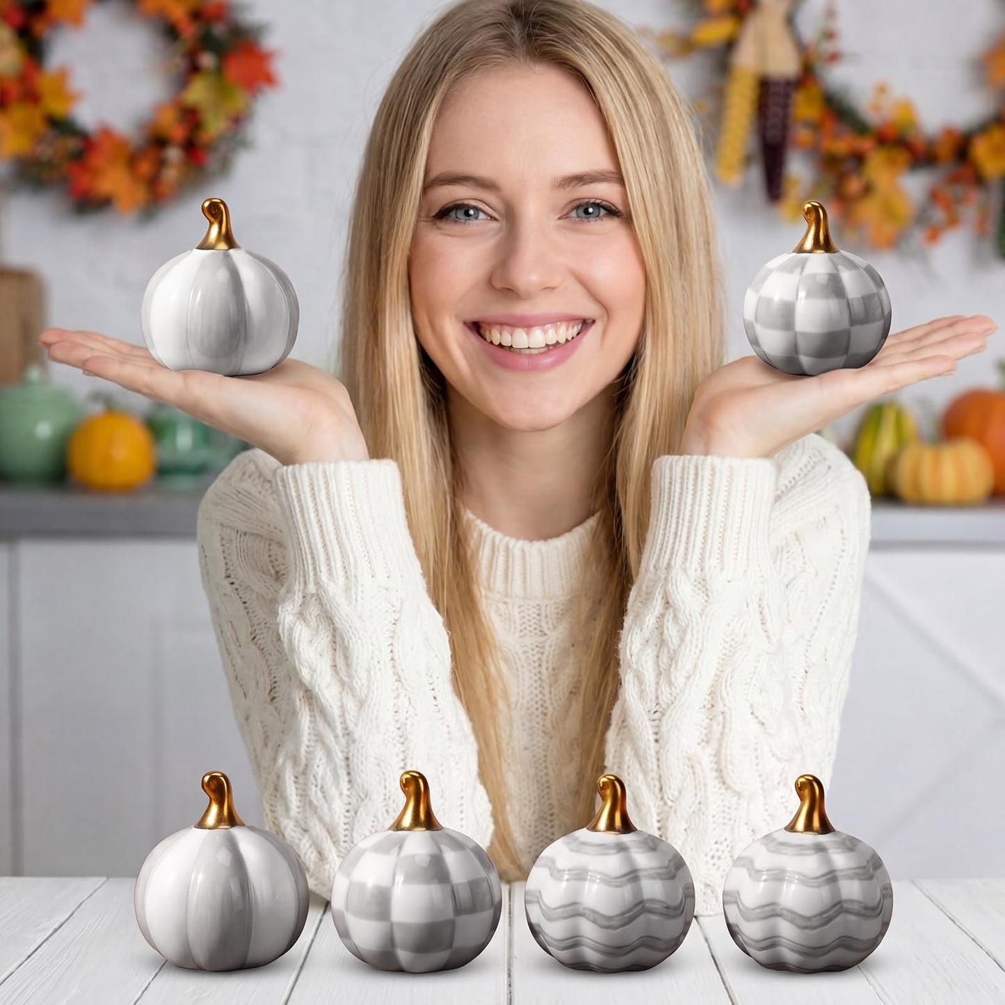 DoubleFill 6 Pcs Gray and White Check Ceramic Pumpkins Fall Farmhouse Table Centerpiece Porcelain Pumpkin Tiered Tray and Mantel Ornaments for Indoor Thanksgiving Autumn Decor