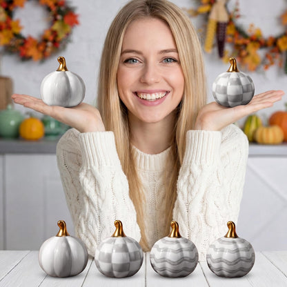 DoubleFill 6 Pcs Gray and White Check Ceramic Pumpkins Fall Farmhouse Table Centerpiece Porcelain Pumpkin Tiered Tray and Mantel Ornaments for Indoor Thanksgiving Autumn Decor
