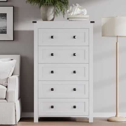 Tall 5-Drawer Dresser, Modern Wooden Storage Chest of Drawers, Dresser TV Stand, Wood Drawer Organizer with Metal Handles for Bedroom, Living Room, Hallway