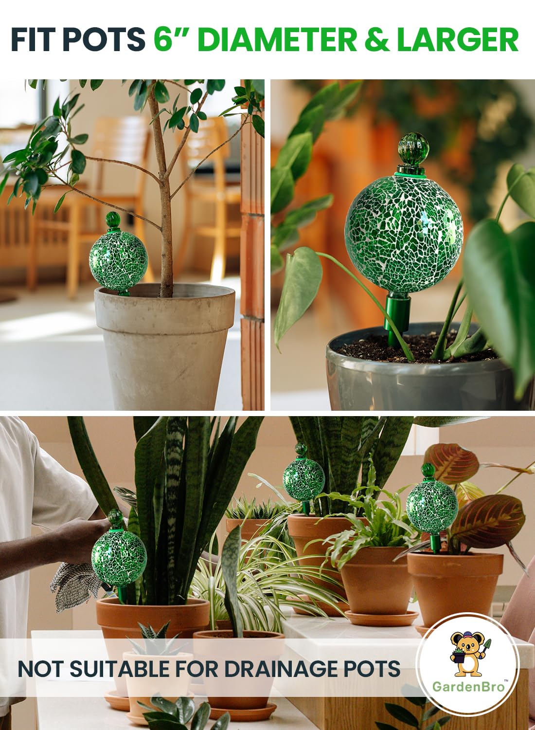 16 Oz Plant Watering Globes for Indoor Plants with Metal Self Watering Planter Insert - Premium XL Glass Hand-Blown Globe - Automatic Plant Waterer Indoor, Gift Idea for Gardeners [1 Globe, Mosaic]