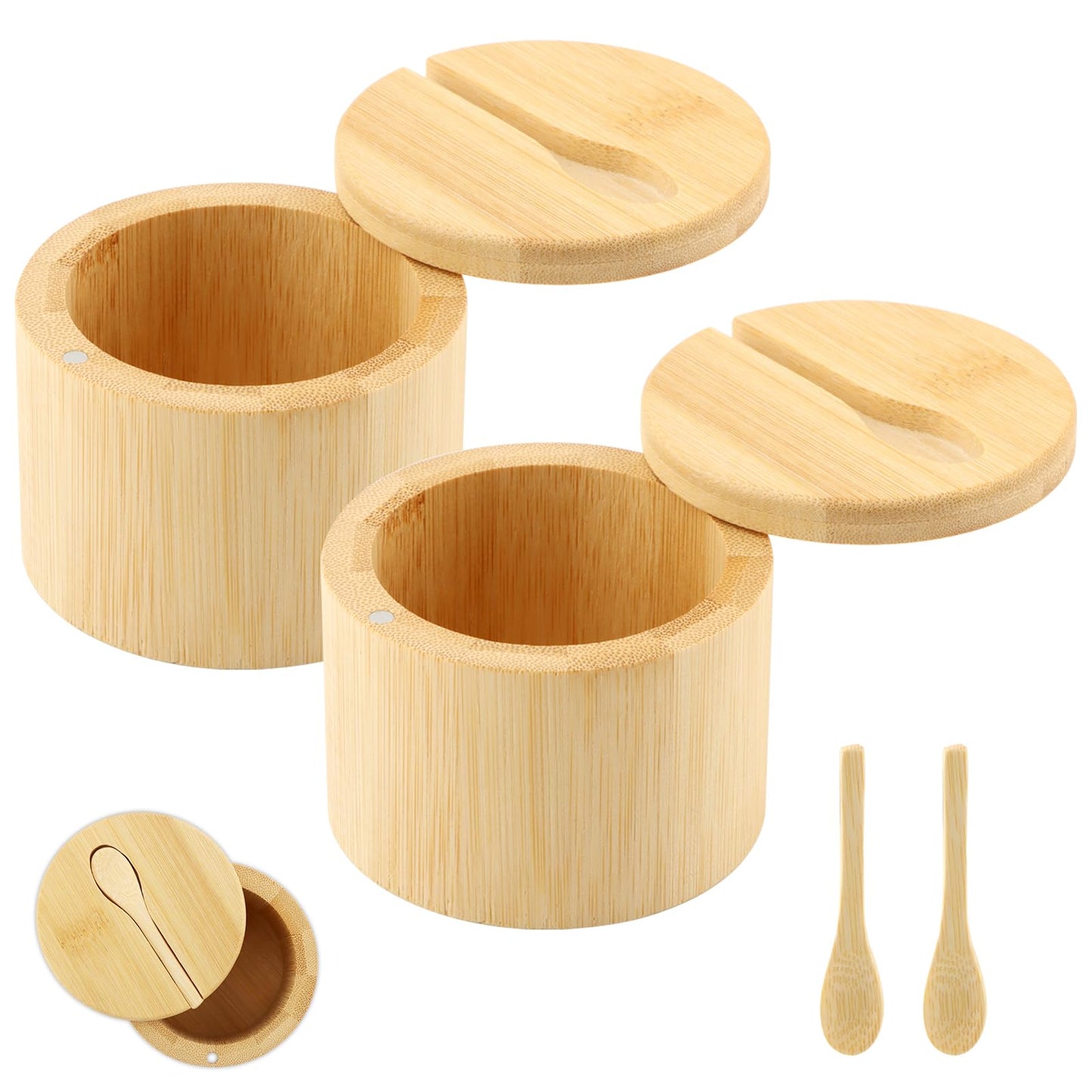 Bamboo Salt Cellar with Magnetic Swivel Lid & Spoon, 2Pcs Spice Box Bowl Storage Box Salt Container to Storage Pepper, Table Salt, Gourmet Salts, Spice, Sugar(SIZE:6 oz)