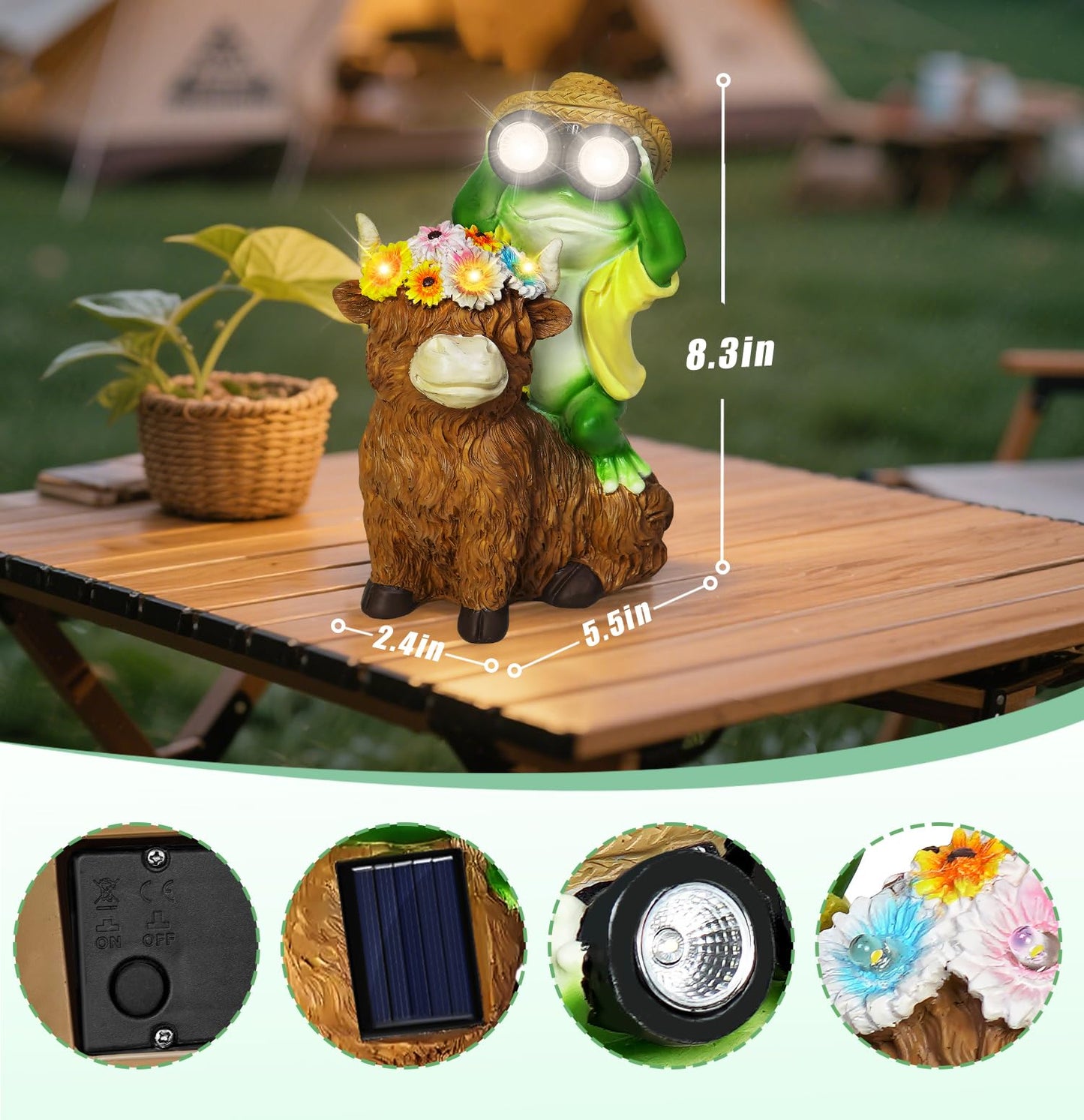 EDOF Solar Garden Lights Frog Sitting on Highland Cow Statue with Flower Garden Decor, for Women Mom,Frog Highland Cow Outdoor Figurine Decorative LED Lights for Yard Art Patio Porch Lawn