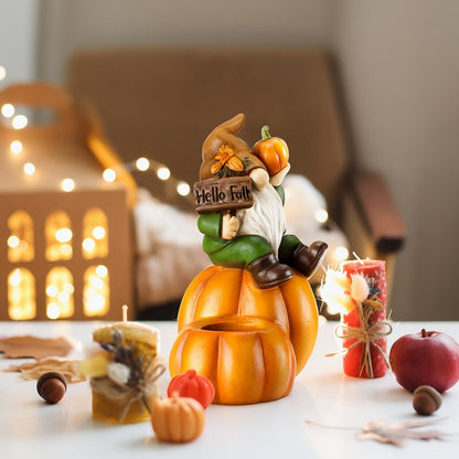 Hotop Fall Pumpkin Gnome Tealight Candle Holder, Thanksgiving Table Centerpiece Resin Figurine, Autumn Harvest Indoor Decor for Mantel Shelf Kitchen Dining Table, 6.5 Inch