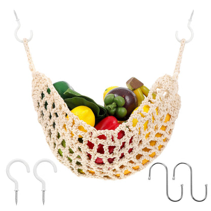 Hanging Fruit Hammock with Hooks Under Cabinet Macrame Basket for Kitchen Hand-Woven Boho Fruit Holder Net Organization Banana Basket for Home Dining Room Cabinet Decor Boat Camper Rv
