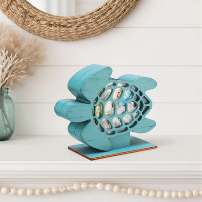 CroBlissful Green Sea Turtle Seashell Holder Seashell Display Box Wooden Small Starfish Shell Display Case with Acrylic Clear Window Shark Tooth Collection Box for Shells Sea Rock Home Decor Present