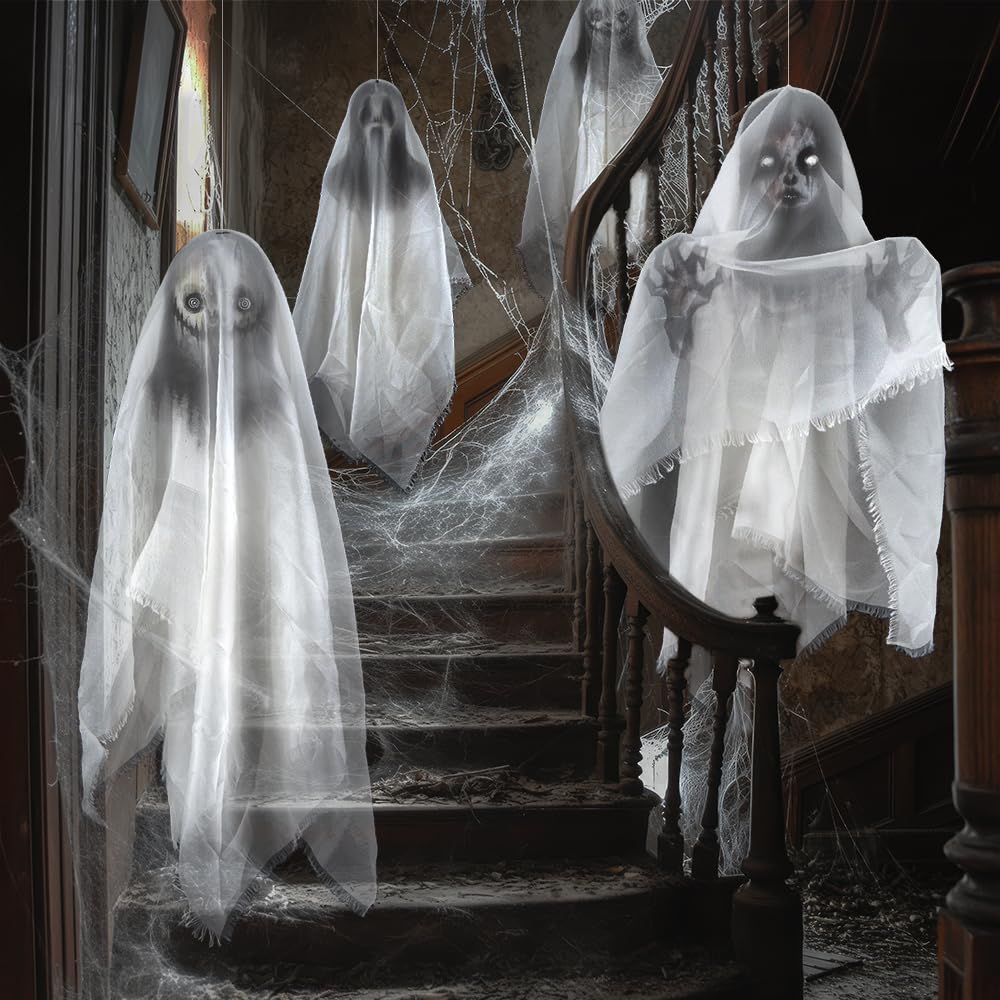 Cheerland Hanging Ghost Halloween Decoration Creepy Floating Ghost Garland Flying Ghouls for Haunted Mansion House Horror Parties Spooky Birthday Party Banner Scary Terror Fabric Yard Decor