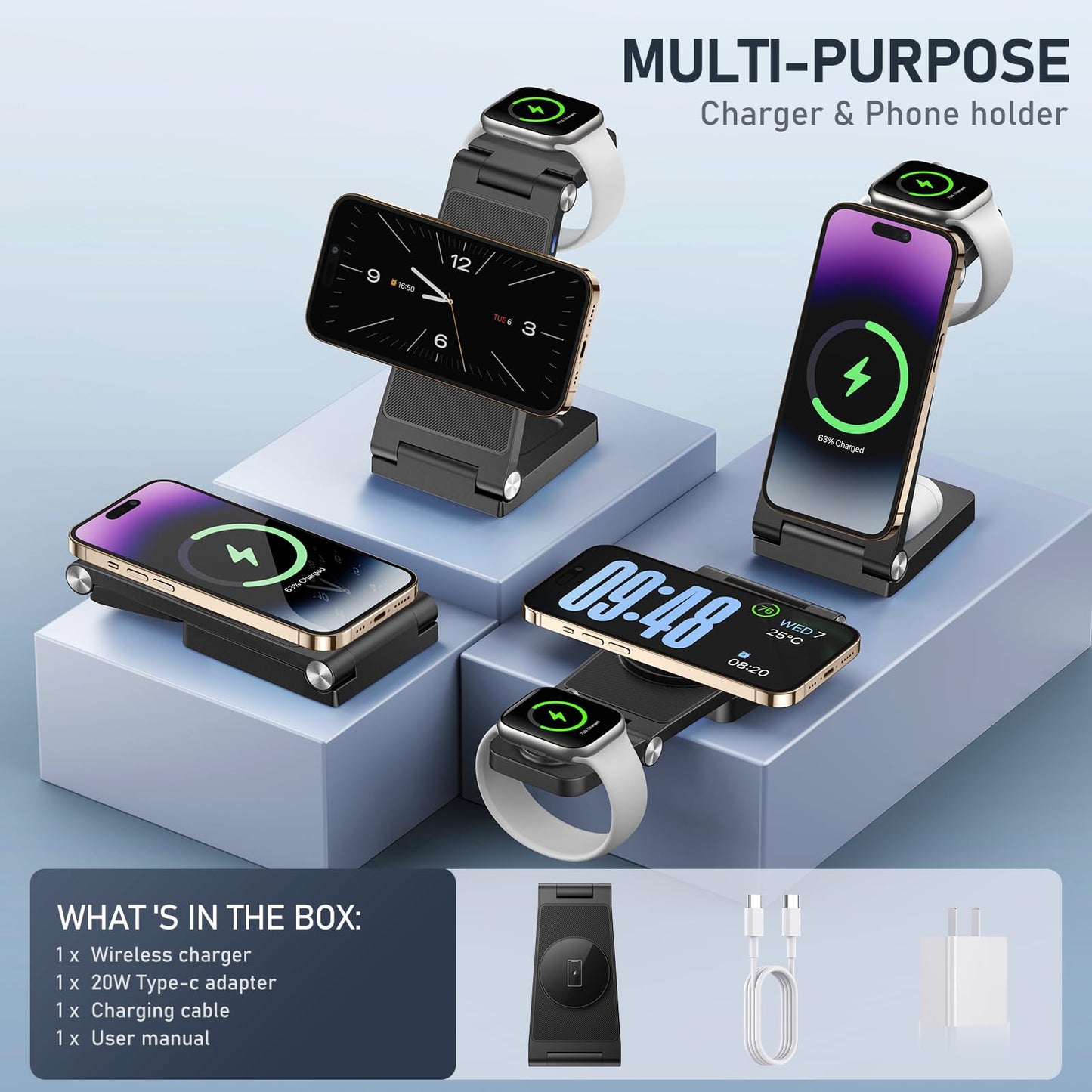 GEJIUCAI Magnetic Wireless Charger Stand, 3 in 1 Foldable Wireless Charging Station, Travel Charger for Multiple Devices for iPhone 16 15 14 13 12 Series, Apple Watch Ultra/9/8/7/6/5/4/3/2, AirPods