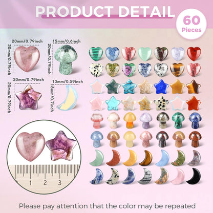 Nuenen 60 Pieces 20 * 20 * 6 mm Crystal Mushroom Sculpture Heart Shaped Moon Star Crystals Stones Bulks Worry Stones Assorted Hand Making Palm Thumb Gemstones for Witchcraft Meditation Reiki(Classic)