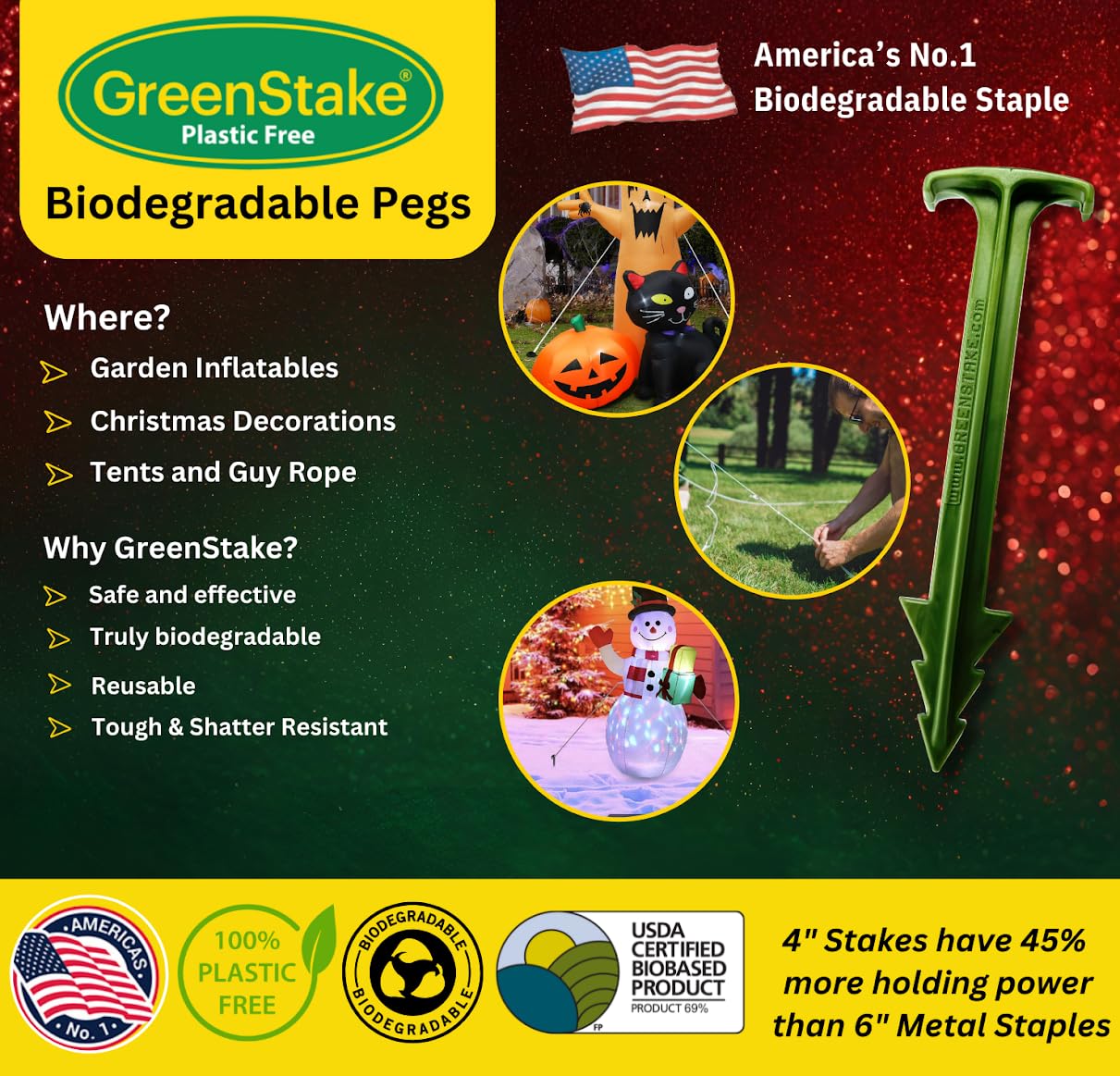 Pack of 50 - GreenStake 4-Inch Biodegradable Garden Stakes, Superior Holding Power - Eco-Friendly Garden Support Pegs & Fabric Pins for Membrane, Netting, Turf, Landscaping and Gardening