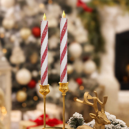Christmas Flickering Flameless Taper Candles - 6PCS Glitter Candy Cane Red and White Stripes Sea Salt Real Wax Battery Operated Candles For Christmas Party Wedding Winter Home Decoration Xmas Decor