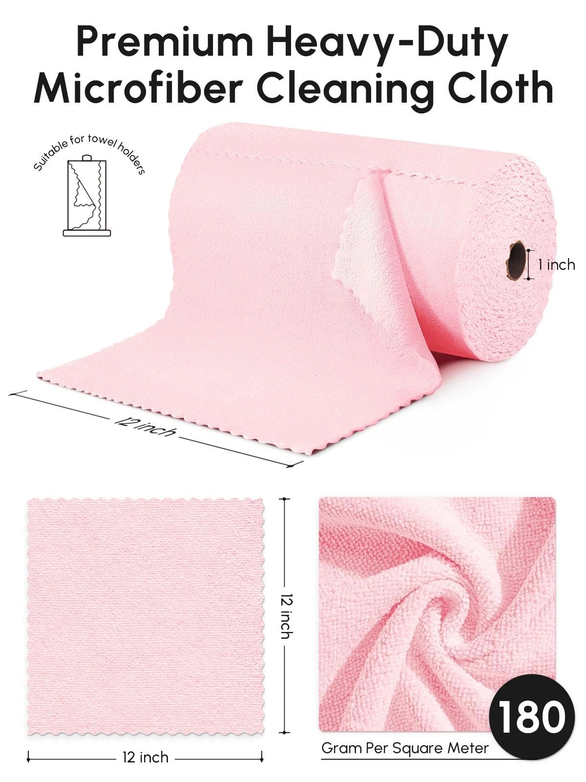 SOOWASH Microfiber Cleaning Cloths Roll, 75 Pack Tear Away Microfiber Towels Roll, 12" x 12" Lint Free Rags, Reusable Cleaning Cloths, Washable, Scratch Free,Ultra Absorbent Dish Rags(Pink)