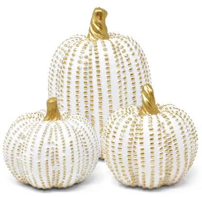 Gift Boutique Set of 3 White Gold Beaded Pumpkins Fall Harvest Home Décor for Thanksgiving Tabletop, Mantle, Shelf, Kitchen, Office, Tiered Tray
