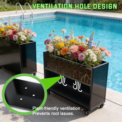 biubiusot Modern Metal Planter Box, Large Rectangular Planter for Outdoor Plants - Heavy Duty Tall Planter Box with Lockable Wheels for Porch/Patio/Garden (Black, 38"x12"x25")