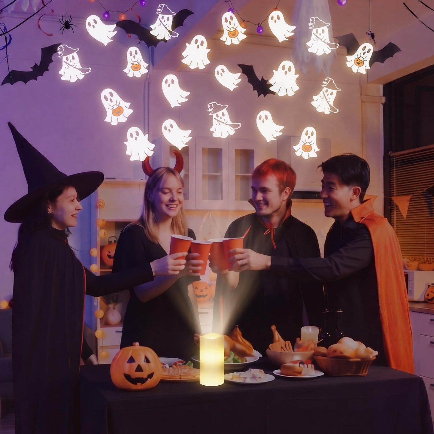 Baquler Halloween Projector Candle Ghost Projector Light Halloween Indoor Decoration Spooky Scary LED Flameless Candle Battery Operated Night Light with Remote Timer Bedroom Home Decor Party Gift