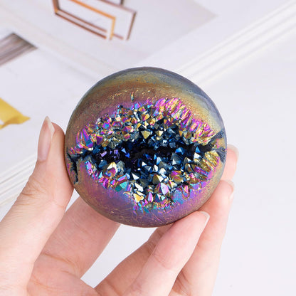 Nupuyai 51-60mm Rainbow Natural Titanium Coated Crystal Ball with Wood Stand, Opening Geode Cluster Stone Sphere Orb Specimen Energy Cave for Home Decoration Feng Shui Divination