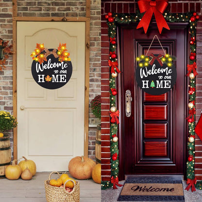 Interchangeable Welcome Home Sign, Front Door Decor With 4 Seasonal Wreaths and 21 Changeable Icons, Rustic Wood Wall Porch Hanger for Holiday Halloween Christmas Housewarming Gift (Black)