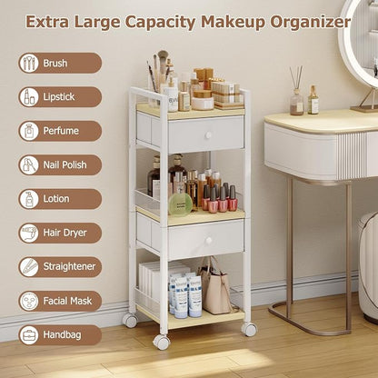 Flycity Rolling Makeup Organizer Cart, Floor Skincare Organizers Storage with Drawers, Vanity Makeup Cart with Wheels, Cosmetic Display Cases Holder for Skin Care Perfume Nail Polish Brush Hair Tool