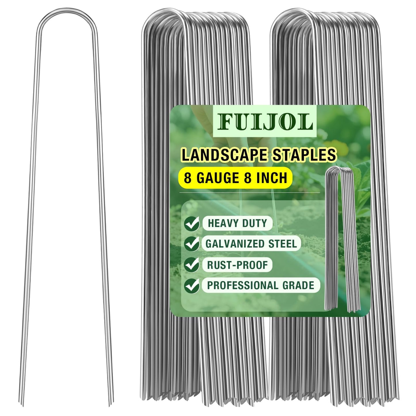 8 Gauge Landscape Staples, FUIJOL 8 Inch 15 25 50 100 Pack Heavy Duty U-Shaped Landscape Stakes, Galvanized Garden Staples for Weed Barrier Stakes, Ground Cover, Irrigation Tubing, Fence (25, 8 Inch)